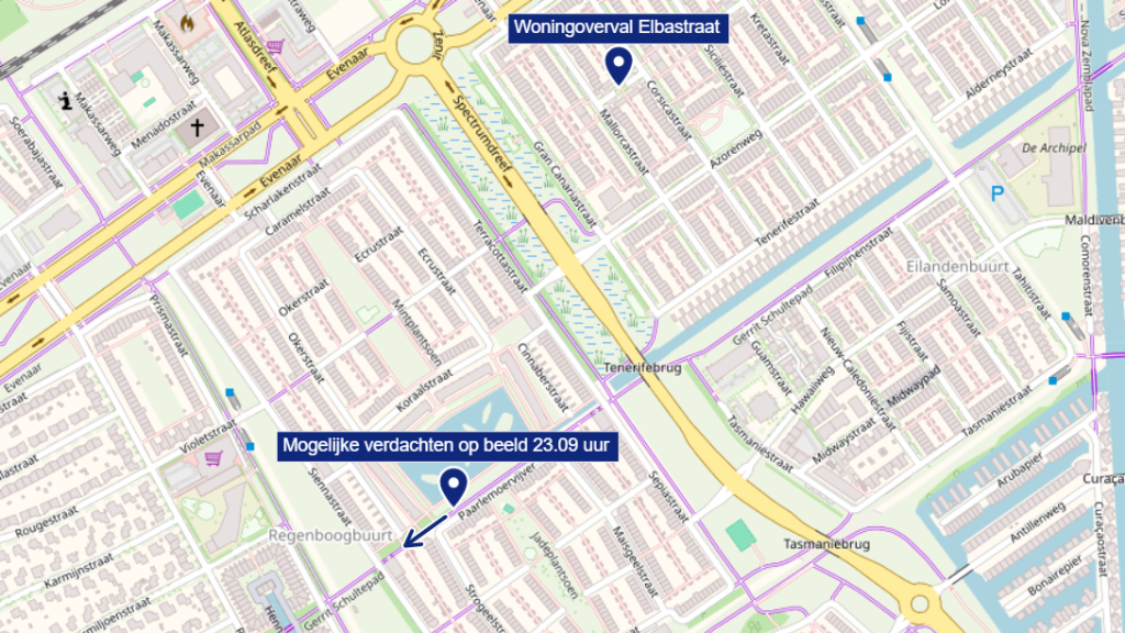 Kaart vluchtroute Elbastraat naar Paarlemoervijver