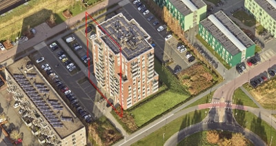 Luchtfoto van het appartementencomplex