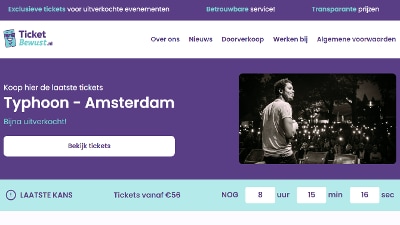 Screenshot van de homepage van Ticketbewust.nl, een nepwebshop van de politie om mensen te waarschuwen voor ticketfraude.