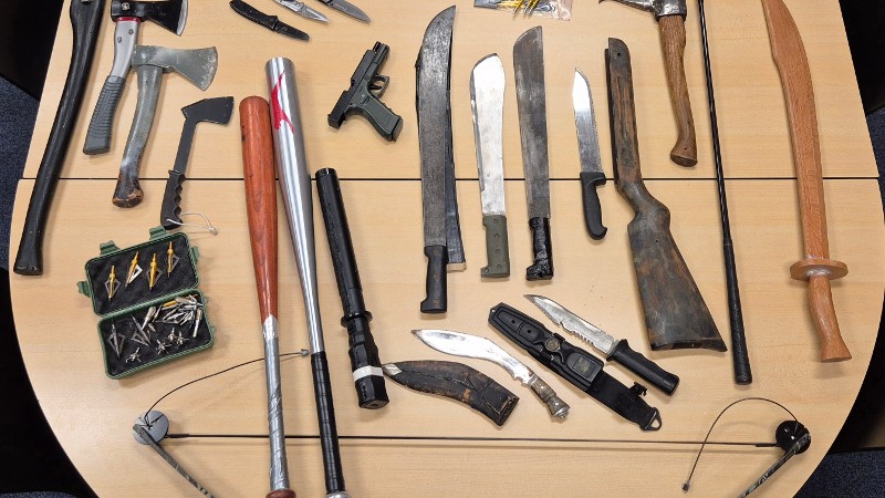 Foto: Een deel van de aangetroffen wapens in woning